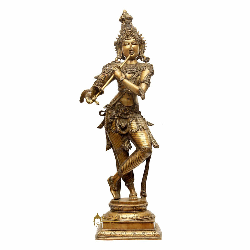 Brass Indian Hindu God Pure Divine Tribhangi Krishna Fluting Masterpiece 3 Feet