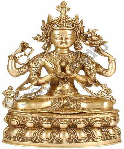 Brass Antique Four Armed Buddhist Deity Avalokiteshwara Statue 14"