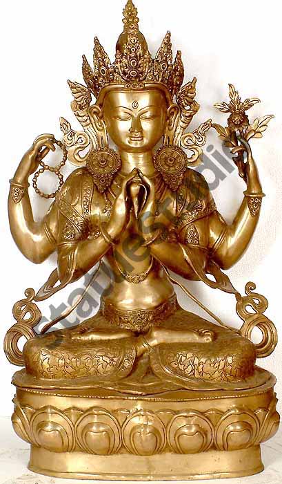 Antique Large Size Four Armed Tibetan Buddhist Lord Avalokiteshwara Statue 38"
