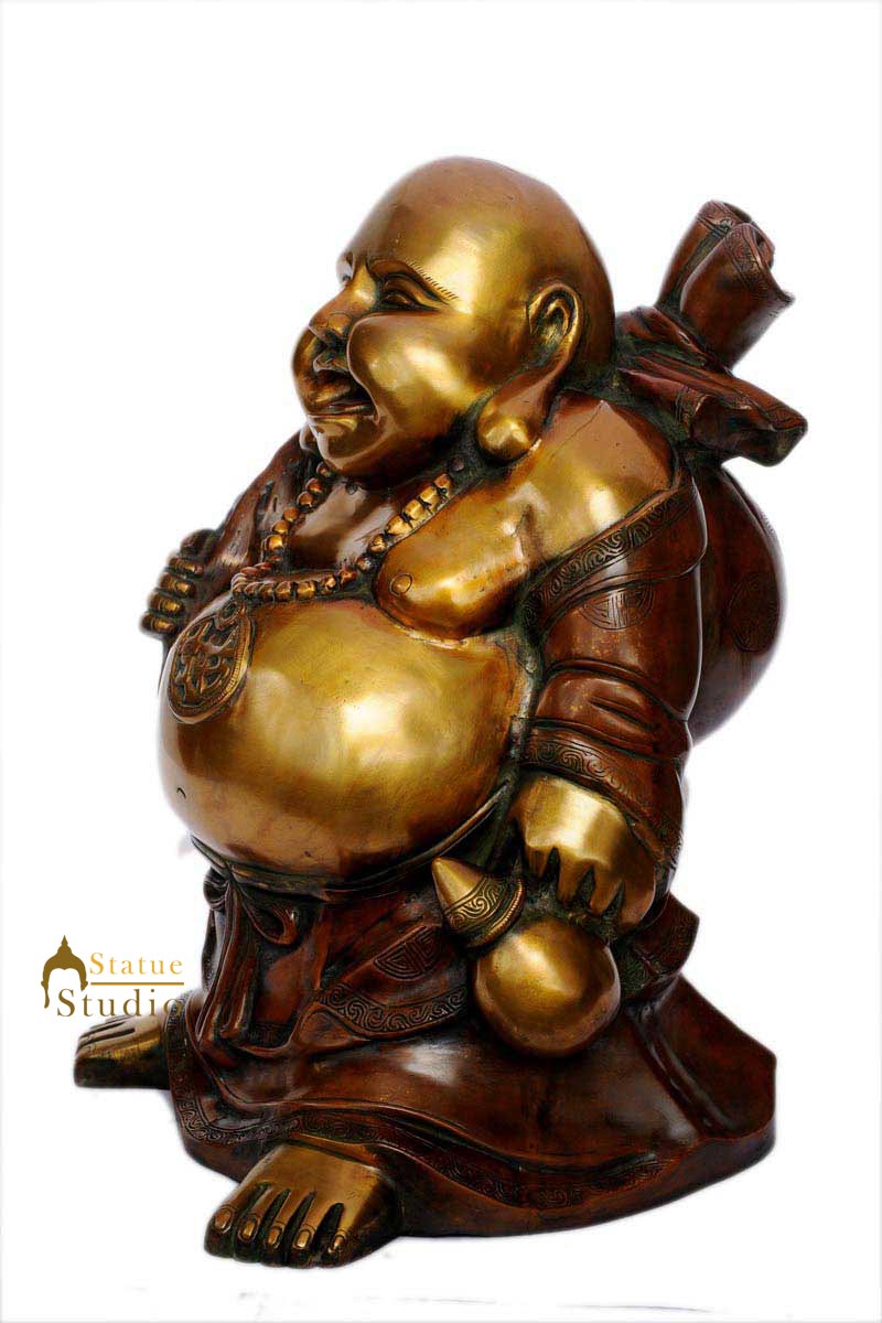 Vintage happy smiling laughing buddha good luck charm brass chinese Buddhism 20"