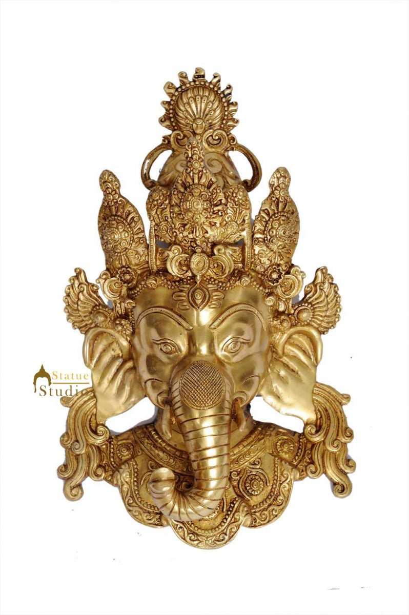 Brass hindu god ganesha head removable wall décor art hanging 15"