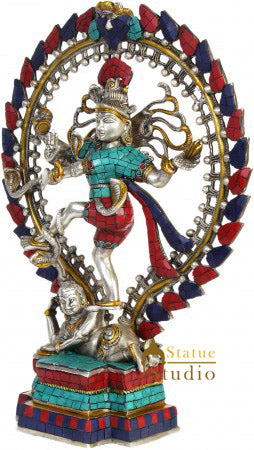 Silver Turquoise Coral Inlay Work Dancing Lord Nataraja Statue Décor 17"