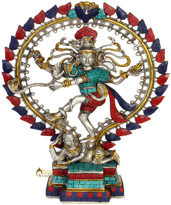 Silver Turquoise Coral Inlay Work Dancing Lord Nataraja Statue Décor 17"