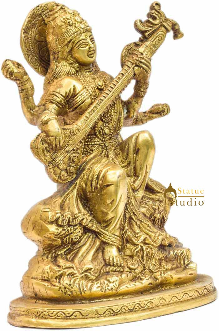 Brass metal india wisdom hindu goddess saraswati maa statue religious décor 8"