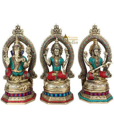Brass Hindu God Goddess Ganesh Laxmi Saraswati Inlay Idol Lucky Gift Statue 11"