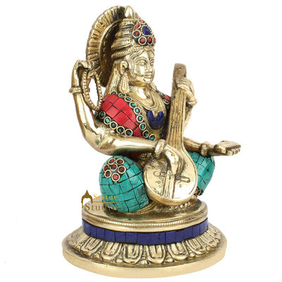 Hindu Sitting Goddess Saraswati Colorful Inlay Murti Lucky Décor Gift Statue 8"
