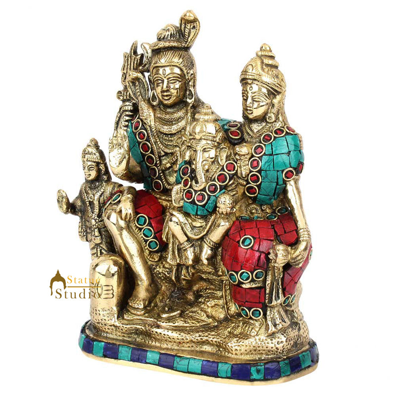 Brass Indian Handmade Lord Shiva Parivar Statue Inlay Idol Moorti Décor 7"