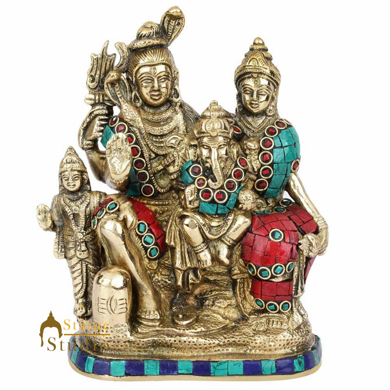 Brass Indian Handmade Lord Shiva Parivar Statue Inlay Idol Moorti Décor 7"