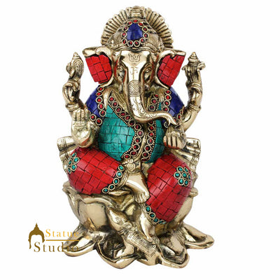 Brass Ganesh Hindu Ganpati Sculpture Fine Inlay Décor Lucky Gift Statue Idol 10"