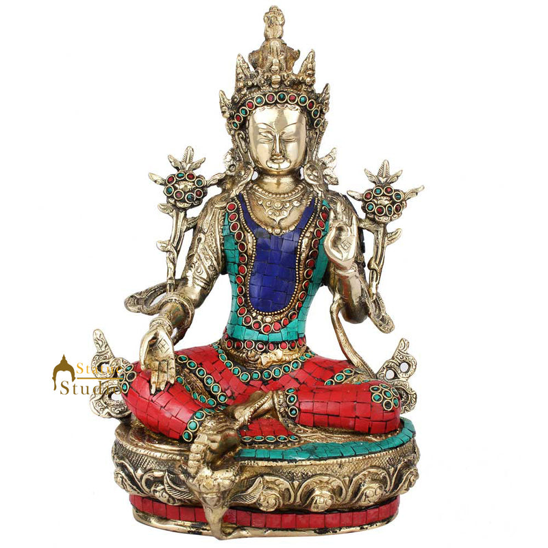 Tibetan Buddhist Goddess Tara Inlay Idol Home Office Décor Gift Statue 13"