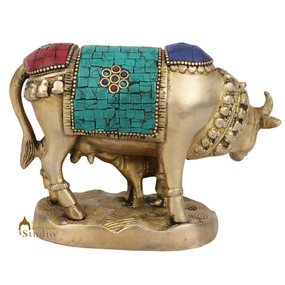 Indian Hindu Holy Sacred Cow Calf Statue Temple Décor Lucky Gift Murti Inlay 4"