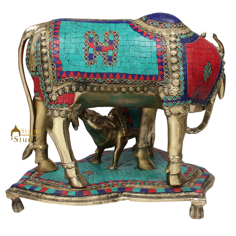 Indian Hindu Sacred Holy Cow Calf Pair Lucky Décor Gift Inlay Statue Idol 16"