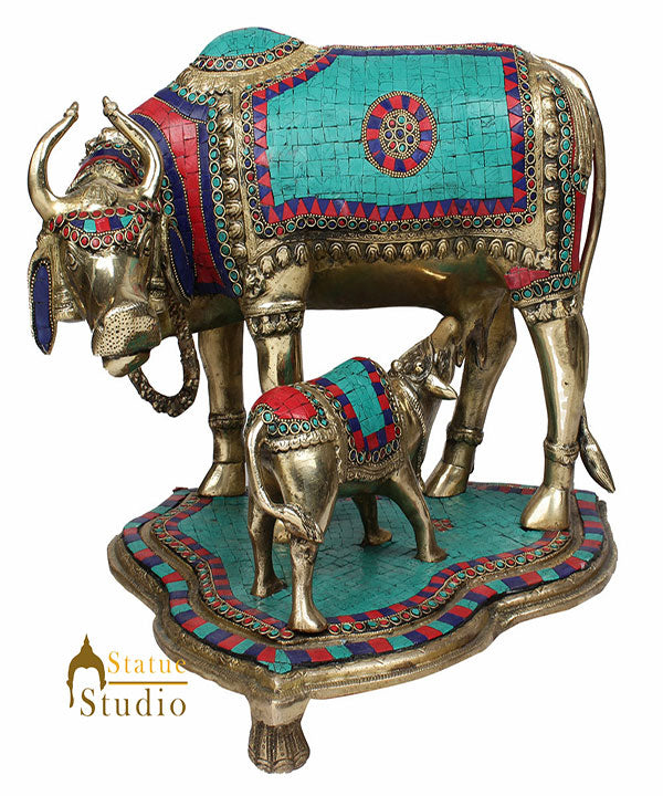 Indian Hindu Sacred Holy Cow Calf Pair Lucky Décor Gift Inlay Statue Idol 16"