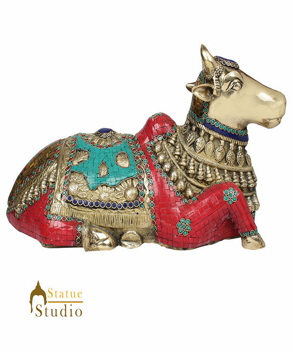 Indian Holy Sacred Cow Temple Home Lucky Décor Fine Inlay Statue Idol Figure 20"