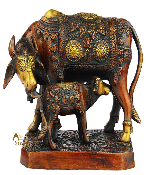 Brass hindu sacred holy cow and calf religious pair statue idol pooja figure 6"