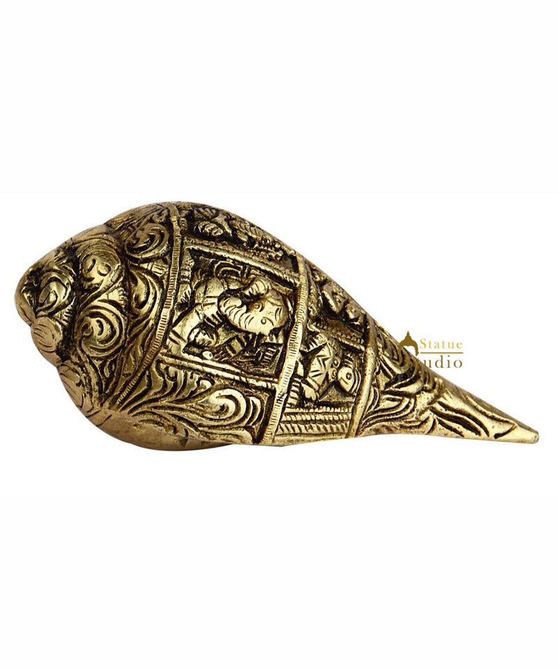 Handcrafted sculpture fine shankh cooch ganesha engraved small showpiece 5"
