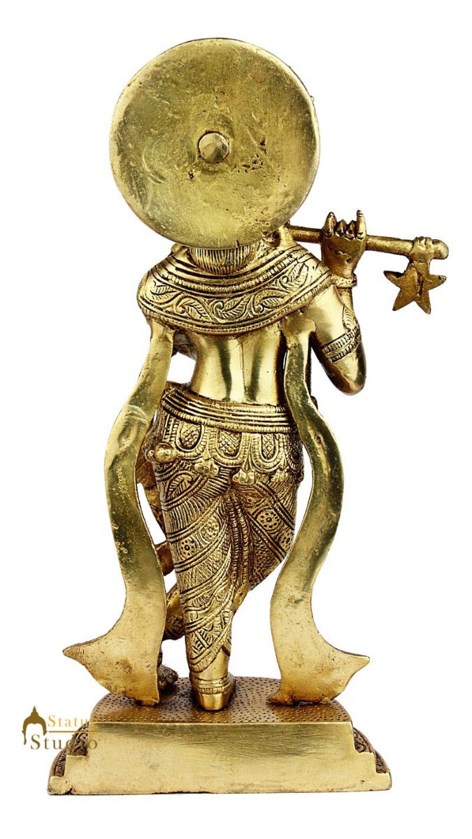 Hindu god deity lord krishna murti with flute standing statue idol figure 11"
