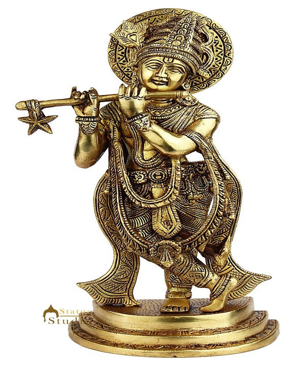 Hindu god deity lord krishna murti with flute standing statue idol figure 11"