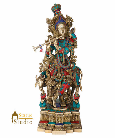 Large Brass Inlay Lord Krishna Fluting With Cow Décor Gift Idol Statue Murti 28"