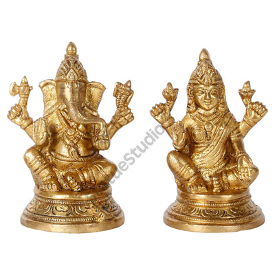 Indian Brass Hindu God Ganesh Lakshmi Diwali Décor Gift Religious Idol Statue 4"