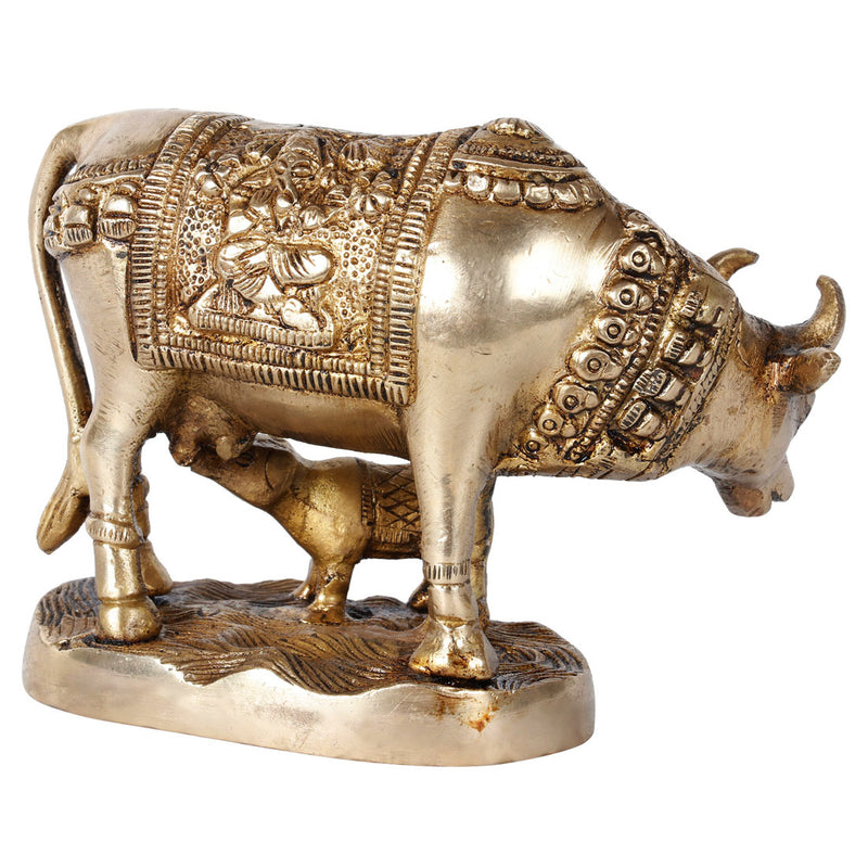 Indian Brass Handicraft Sacred Cow Calf Religious Gift Décor Idol Statue 3.5"