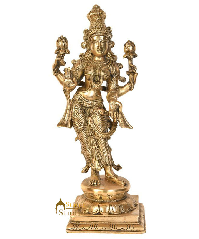 Brass Indian Goddess Of Wealth Standing Lakshmi Idol Laxmi Statue Décor Item 18"