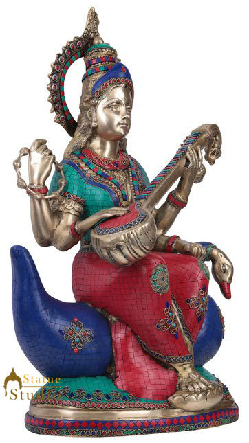 Large Size Finest Inlay Hindu Goddess Of Wisdom Saraswati Décor Idol Statue 28"