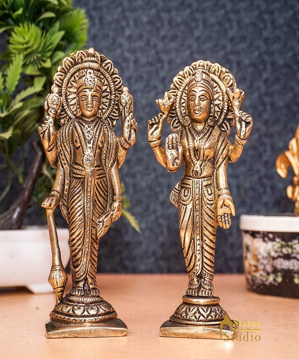 Brass Antique Vishnu Lakshmi Idol For Pooja Home Temple Décor Statue 5"