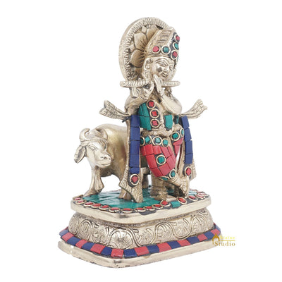 Brass Krishna With Cow Idol Home Office Desk Décor Lucky Gift Statue 6"