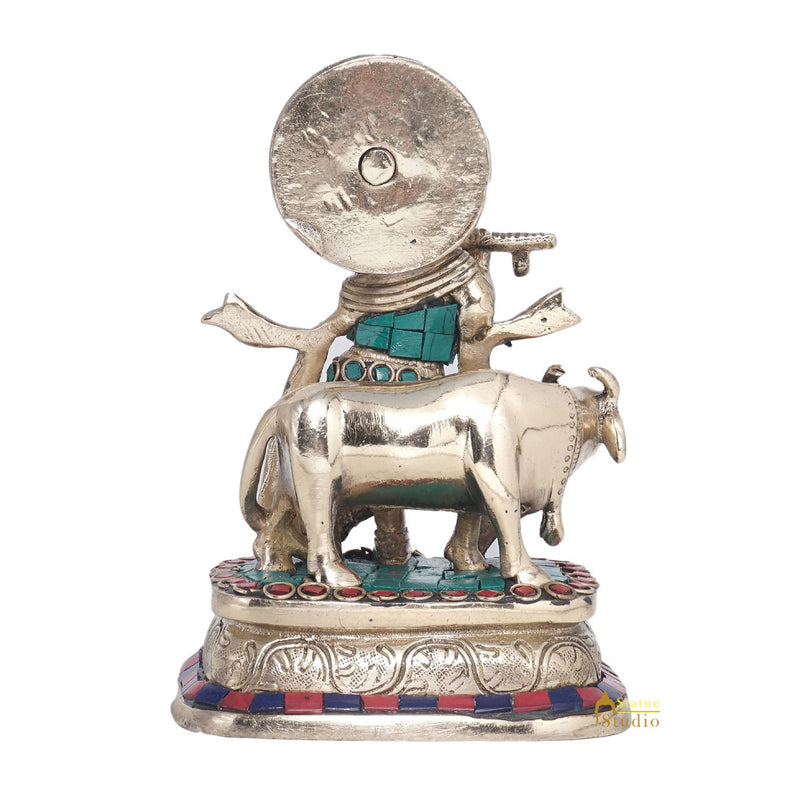 Brass Krishna With Cow Idol Home Office Desk Décor Lucky Gift Statue 6"