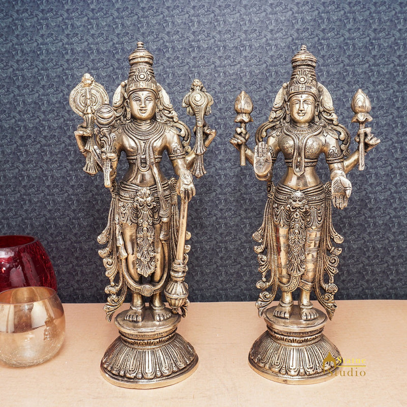 Brass Antique Vishnu Lakshmi Idol For Pooja Room Home Temple Décor Statue 12"
