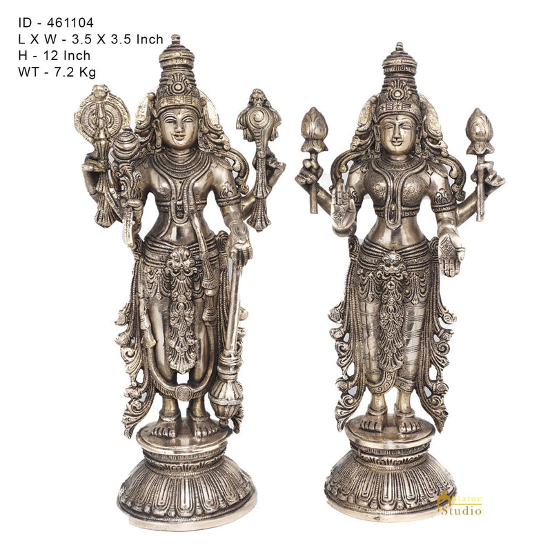 Brass Antique Vishnu Lakshmi Idol For Pooja Room Home Temple Décor Statue 12"