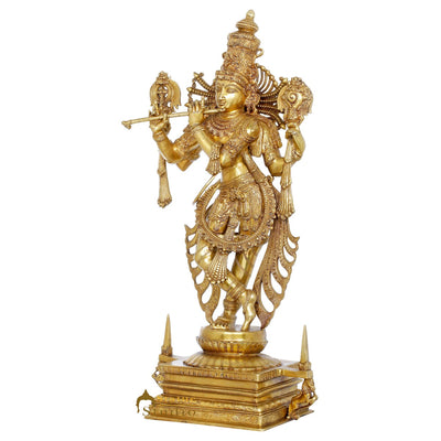 Brass Large Standing Krishna Rare Masterpiece Idol Décor Statue 3.5 Feet