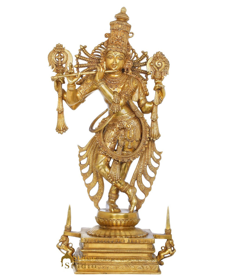 Brass Large Standing Krishna Rare Masterpiece Idol Décor Statue 3.5 Feet