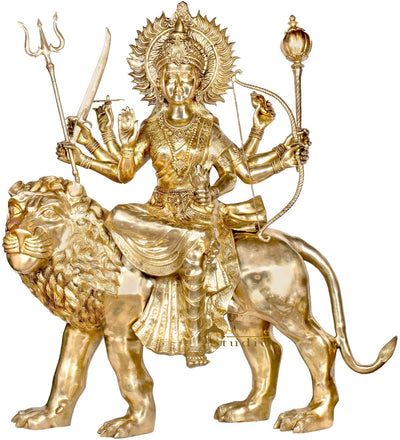Brass Large Size Sherawali Maa Seated On Lion Idol Durga Home Temple Statue 5 FT