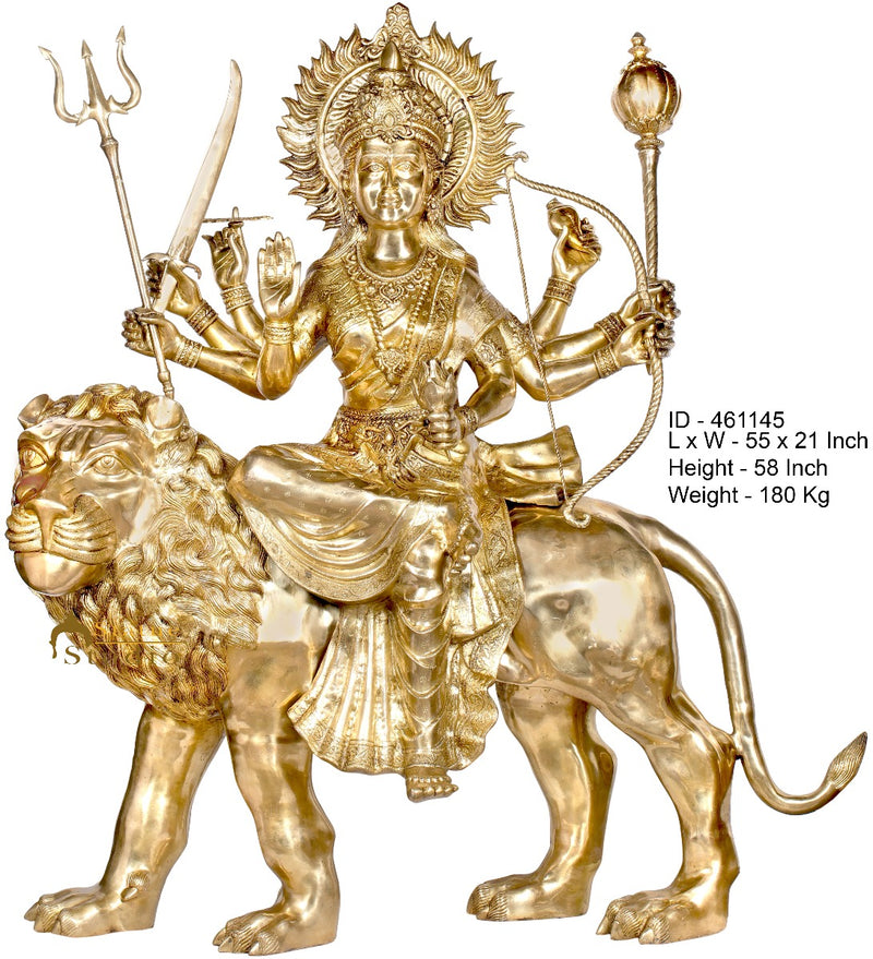 Brass Large Size Sherawali Maa Seated On Lion Idol Durga Home Temple Statue 5 FT