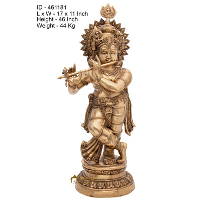 Brass Large Size Lord Krishna Idol With Peacock Feather Home Décor Statue 4 Feet
