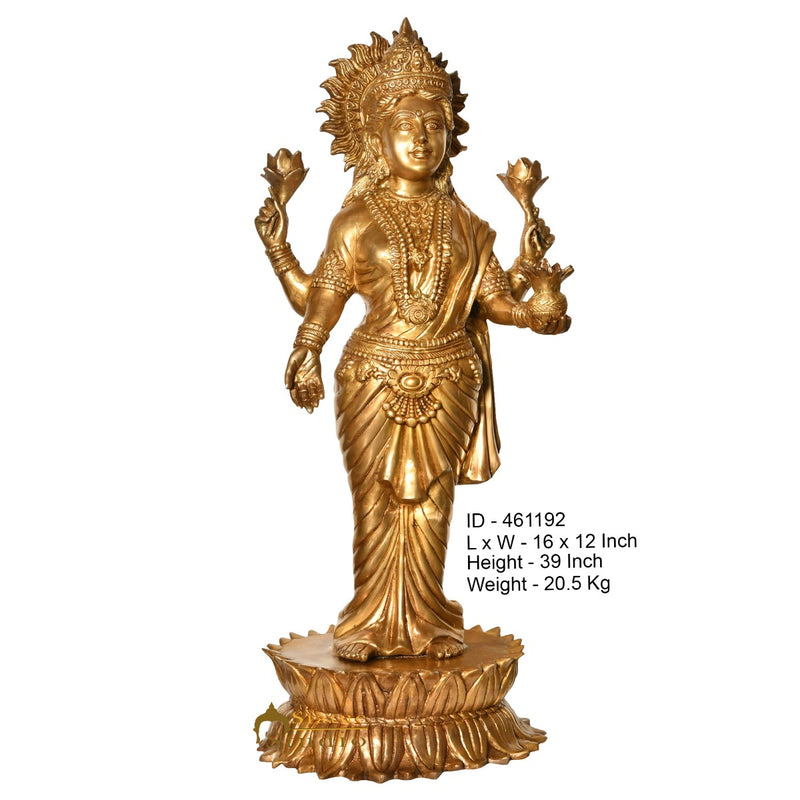 Brass Large Lakshmi Idol Goddess Of Wealth Laxmi Standing On Pedestal Statue 39"
