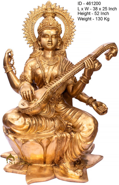 Brass Large Saraswati Idol Sitting On Lotus Home School Décor Statue 4.5 Feet