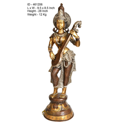 Brass Standing Saraswati Idol Home Temple Office Décor Statue Showpiece 28"