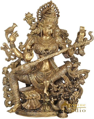 Brass Large Maa Saraswati Idol Home Temple School Temple Office Décor Statue 3 Feet
