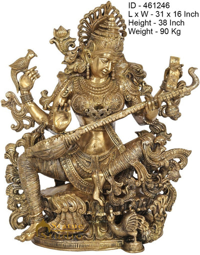 Brass Large Maa Saraswati Idol Home Temple School Temple Office Décor Statue 3 Feet
