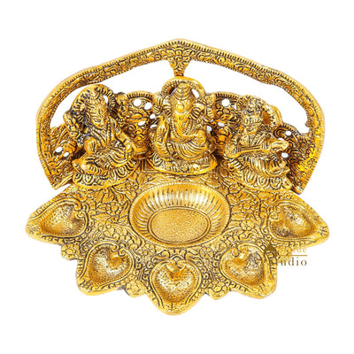 Metal Oxidised Ganesha Lakshmi Saraswati Idol With Diya Diwali Corporate Gift Item 5"