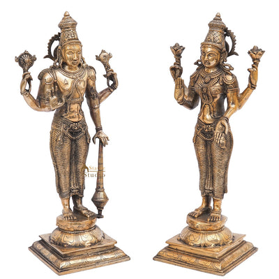 Brass Antique Vishnu Lakshmi Idol Home Temple Décor Religious Gift Statue 20"