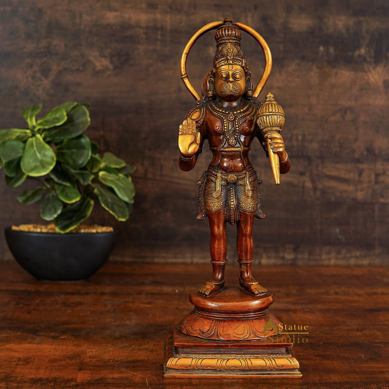 Brass Antique Hanuman Idol For Home Office Temple Lucky Décor Statue 14"