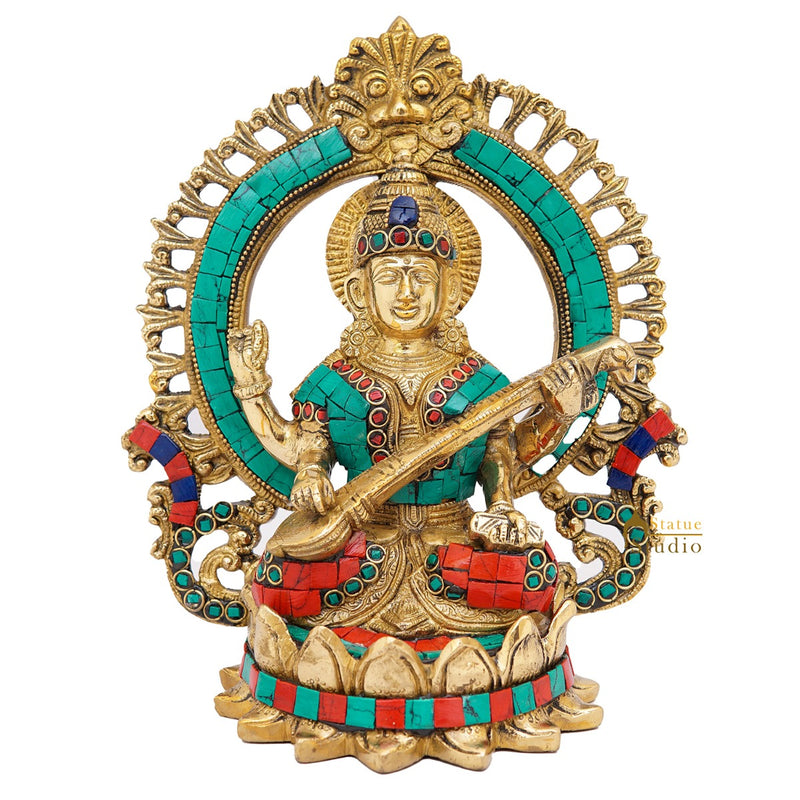 Brass Saraswati Idols For Home Office Religious Décor Statue Lucky Gift 9"