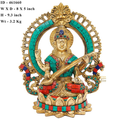 Brass Saraswati Idols For Home Office Religious Décor Statue Lucky Gift 9"