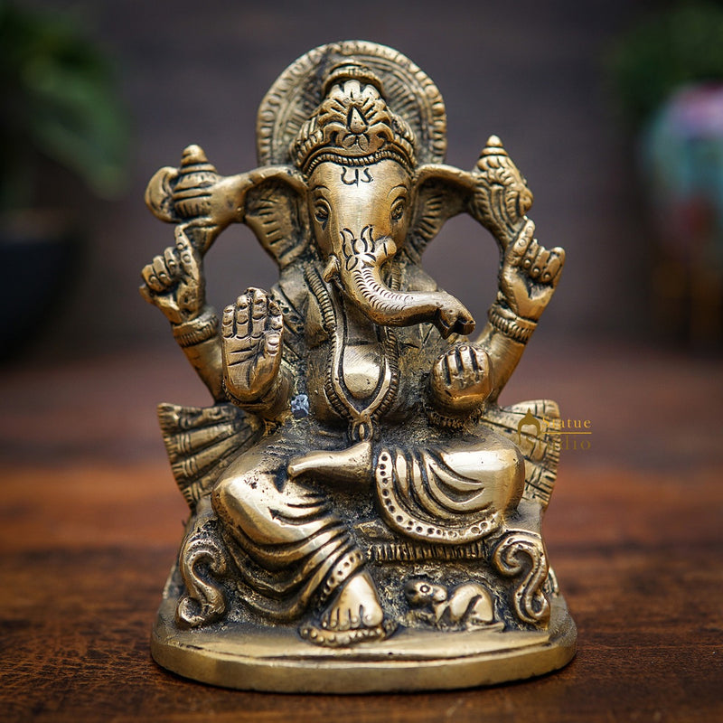 Brass Small Ganesha Statue Ganpati Idol Home Office Décor Diwali Corporate Gift 4.5"
