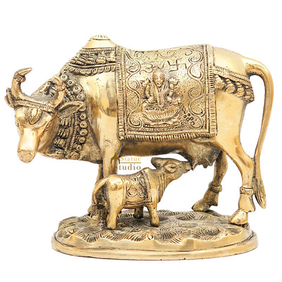 Brass Cow With Calf Idol Lakshmi Ji Engraved Home Pooja Room Décor Showpiece 6.5"