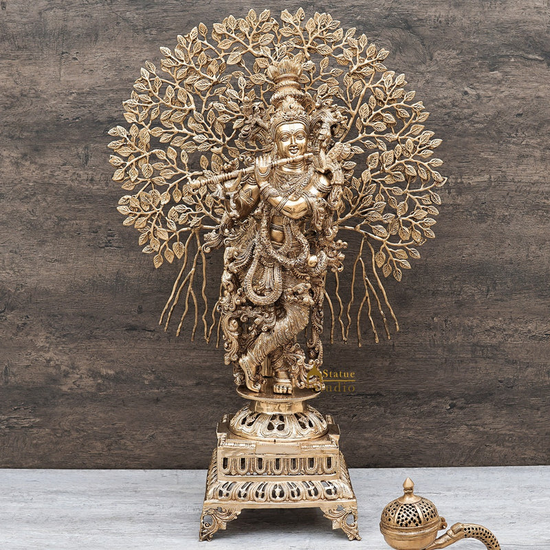 Brass Lord Krishna Idol With Tree Exclusive Fine Home Décor Showpiece 3 Feet